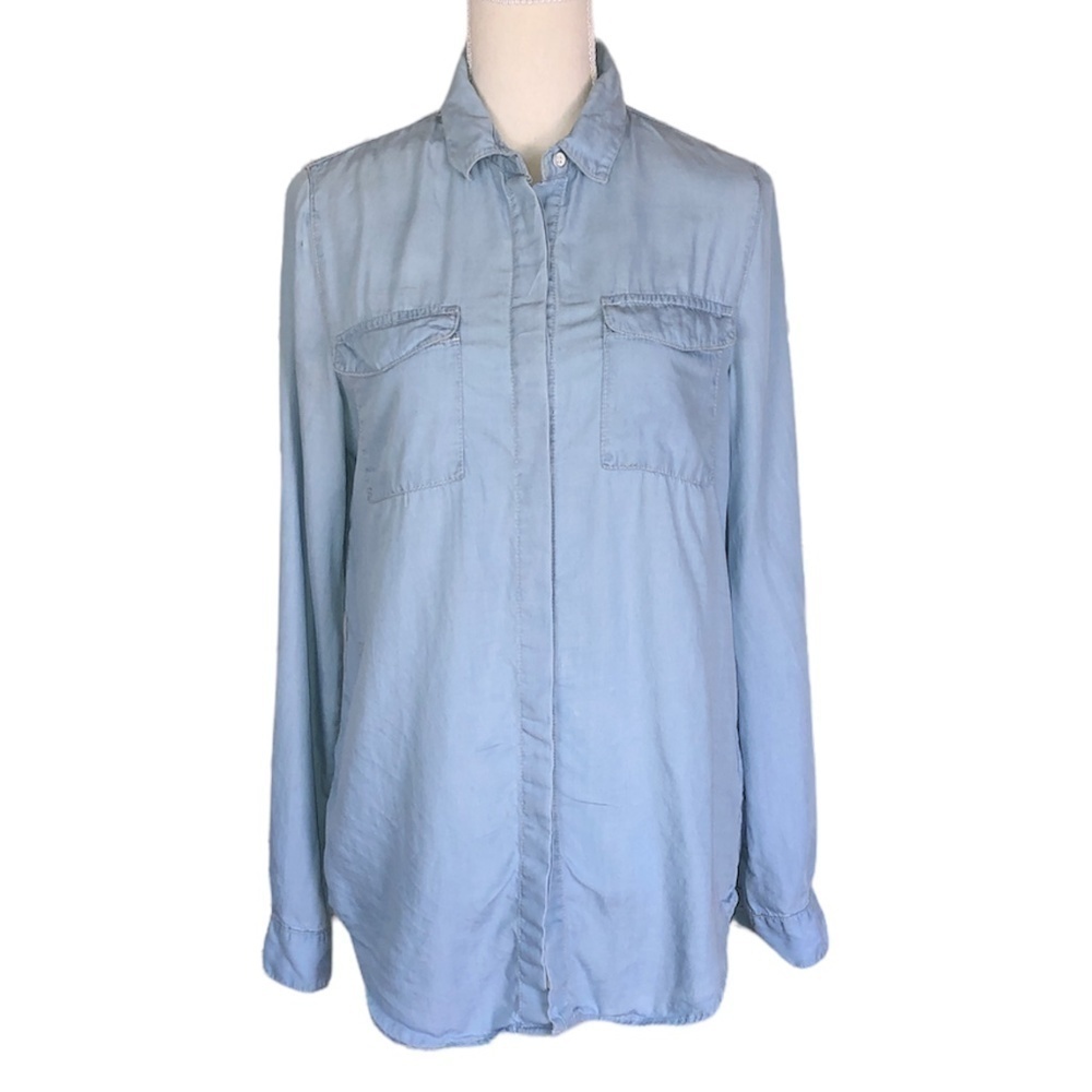 KAYAS DESIGN Shirt Women's Size Small Blue Chambray 100% Tencel Button Up Tunic